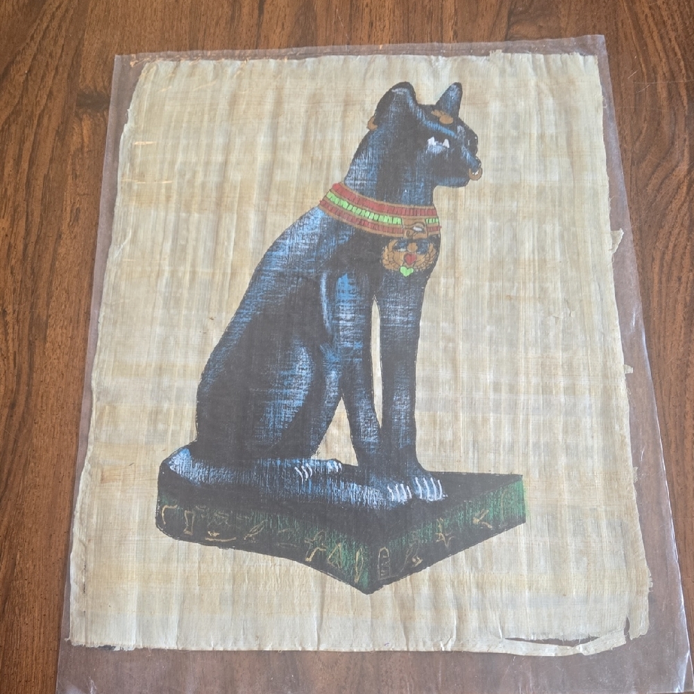 Egyptian Bastet Cat Papyrus Artwork - Black Cat with Multicolor Collar 13x18"